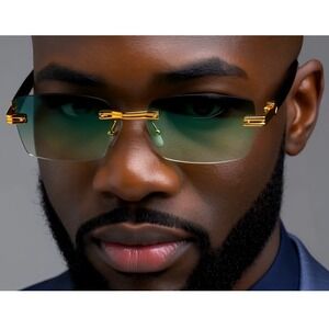 Rimless Sunglasses Men Rectangle Gold Frame Gradient Green Lens Fashion‎ Shades